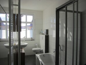 Shower, hair dryer, soap