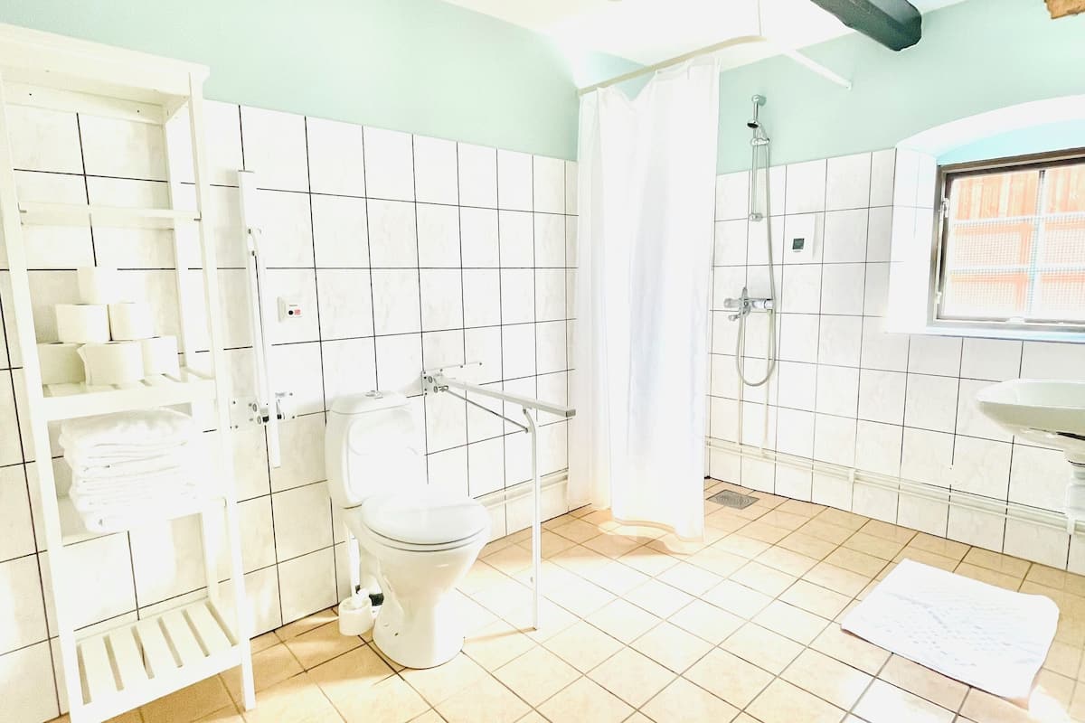 family room | bathroom | shower, hair dryer, towels