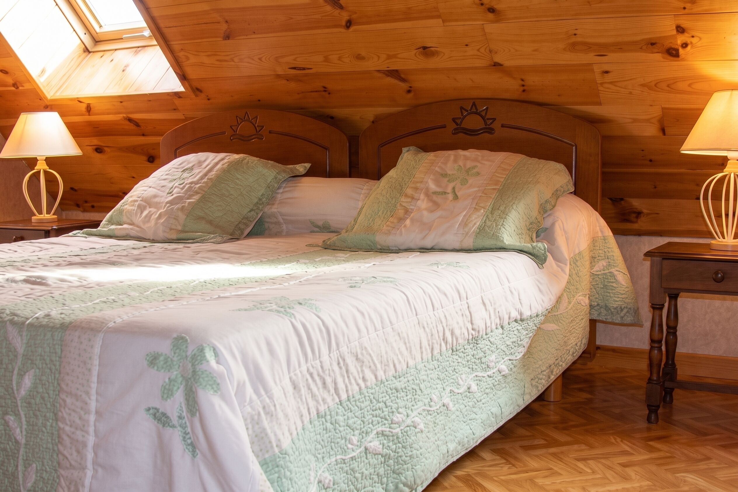 A wooden room with a bed, two nightstands, and a skylight.