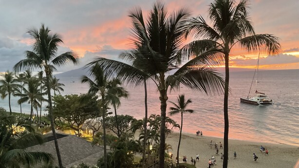 A beachside resort with palm trees, a dining area, and a view of the ocean at sunset. - So close to Ocean, Very private, Free use of owners car, 2 baths, EXTENDED STAYS (Lahaina)