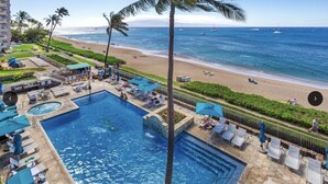 A resort pool area with multiple pools, lounge chairs, and a beach view. - So close to Ocean, Very private, Free use of owners car, 2 baths, EXTENDED STAYS (Lahaina)