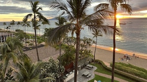 A beach view with palm trees, a sunset, and a boat in the distance. - So close to Ocean, Very private, Free use of owners car, 2 baths, EXTENDED STAYS (Lahaina)