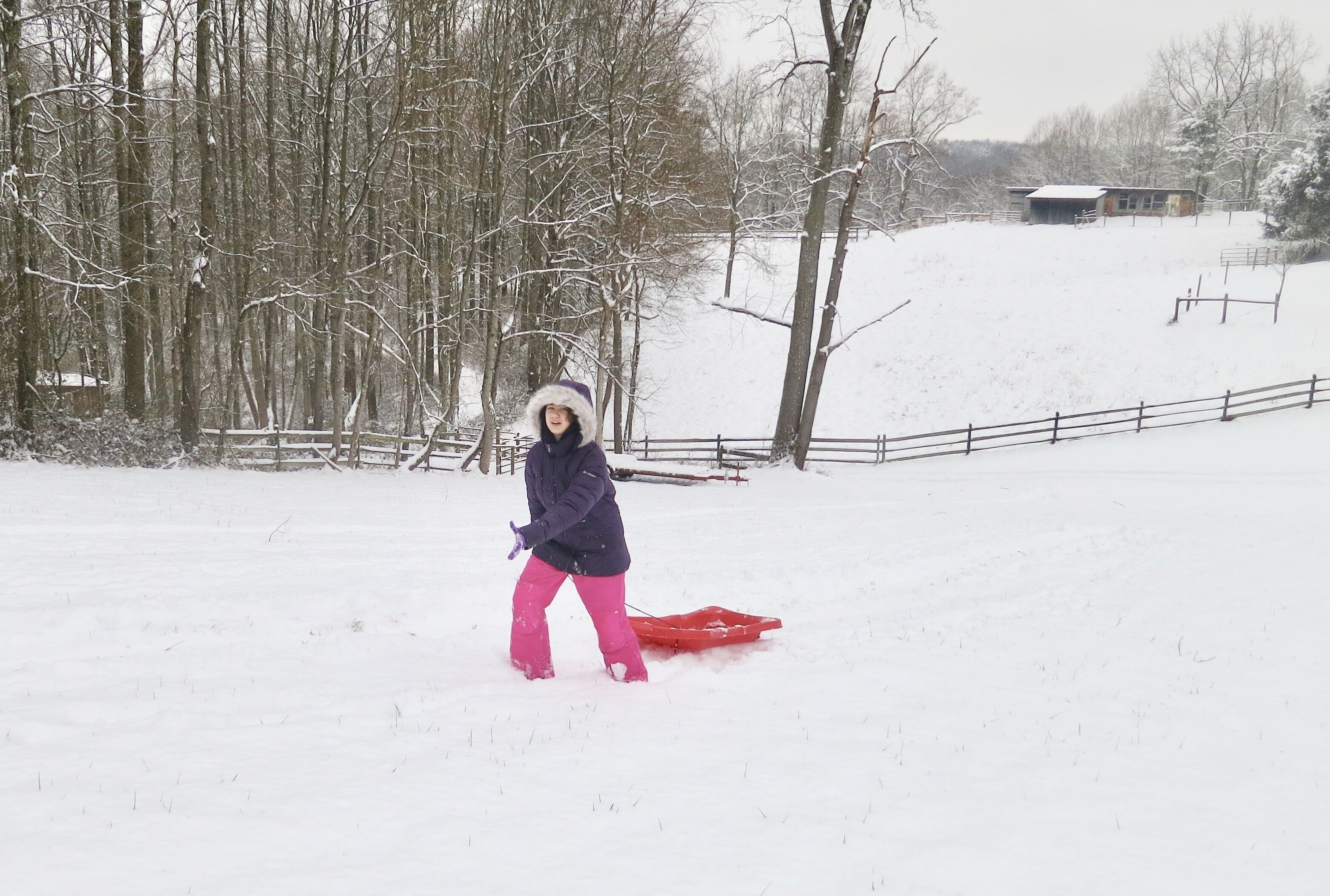 A person in a snowy outdoor setting with a sled.