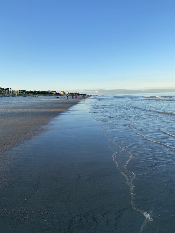 On the beach, sun-loungers, beach towels