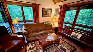 A cozy living room with a brown leather sofa, a wooden coffee table, and a patterned rug. There are two windows with curtains, a lamp, and a framed picture on the wall.