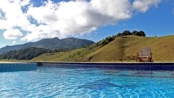 Outdoor pool, pool umbrellas, sun loungers