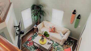 Smart TV, fireplace, books