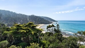 Un paysage côtier avec une plage, des collines boisées et un ciel dégagé.