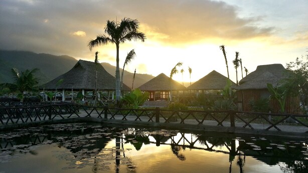 A resort with thatched-roof huts, a wooden fence, and a calm pond with lily pads. - Tierra de Lago (Los Banos)