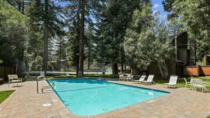 Una piscina rectangular con borde de ladrillo, rodeada de árboles y equipada con sillas de descanso blancas.