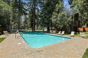 Una piscina rectangular con borde de ladrillo, rodeada de árboles y equipada con sillas de descanso blancas.