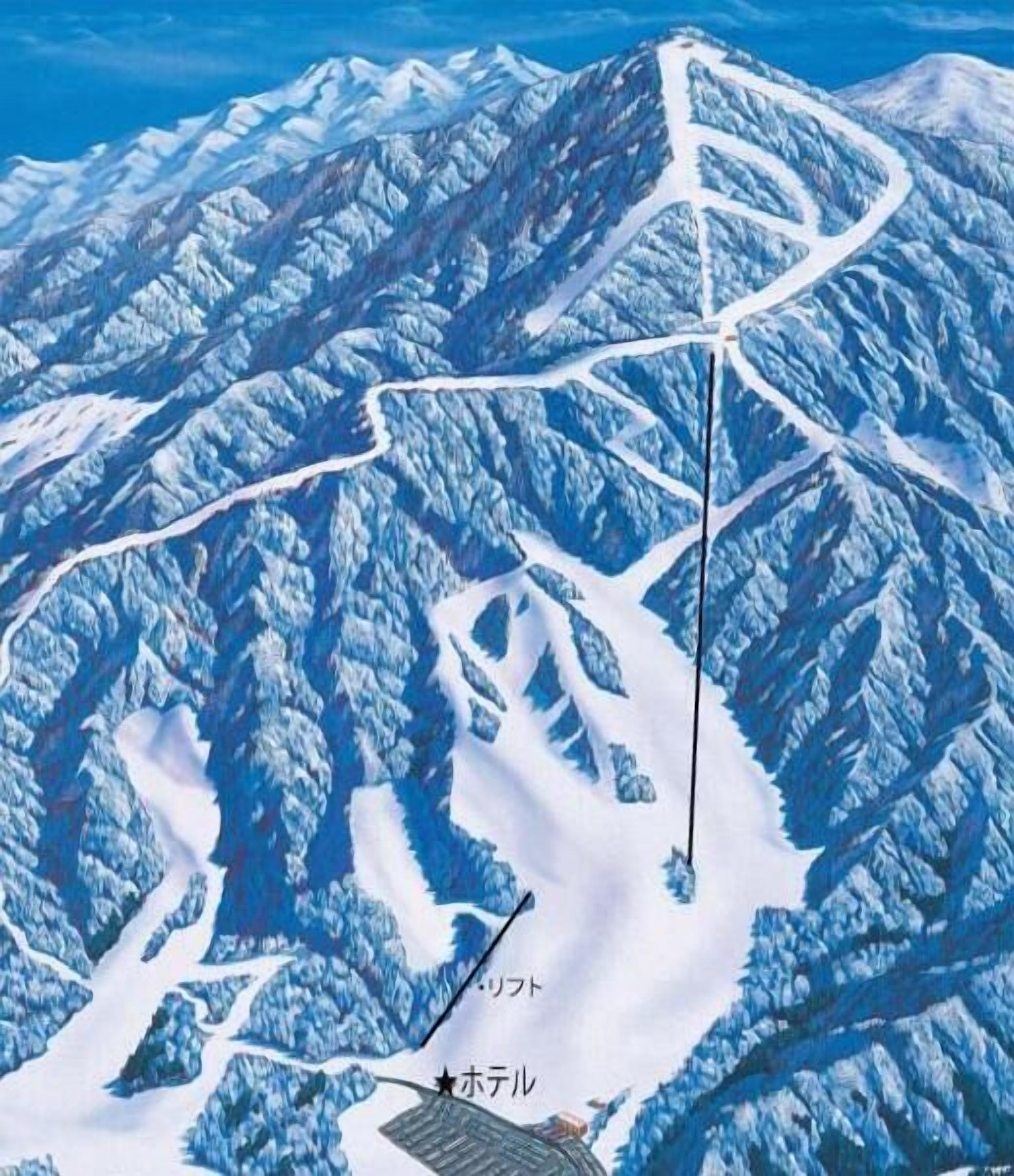 A snow-covered mountain landscape with a ski lift and a marked hotel area.