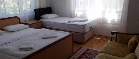 A room with two beds, a wooden floor, a patterned rug, and a chair.