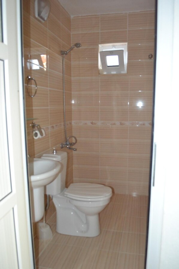 A bathroom with a toilet, bidet, and shower. - Sehsuvar Peace Pension (Egirdir)