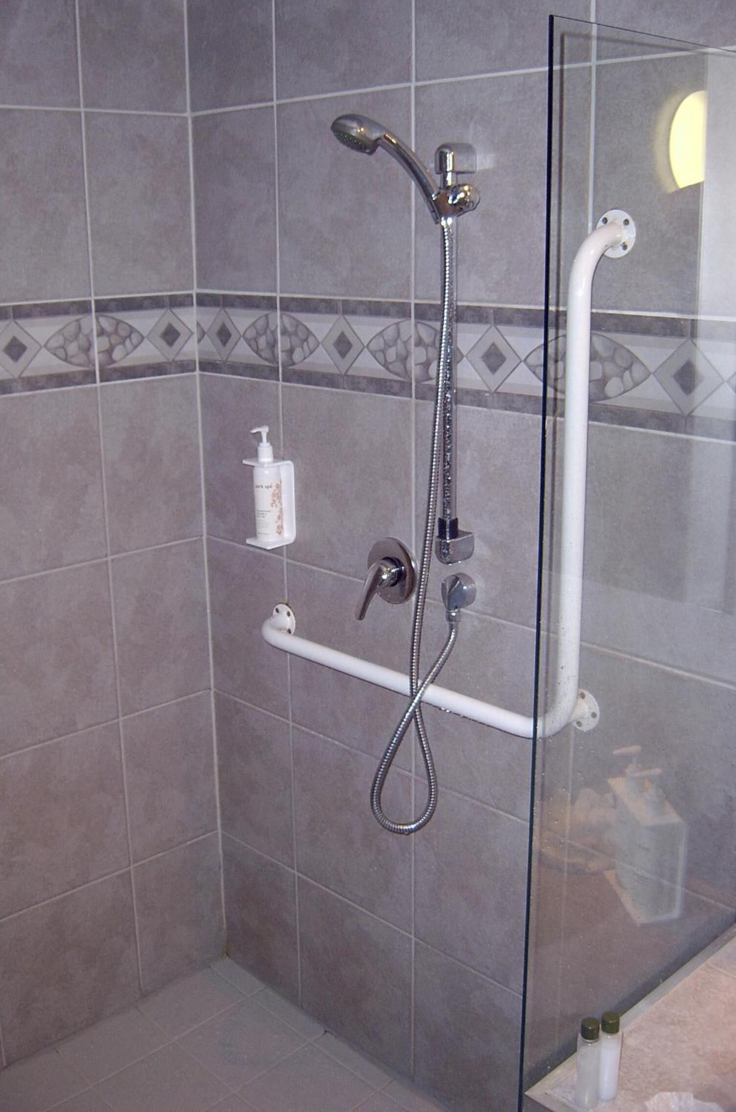 A shower with a glass enclosure, a handheld showerhead, and a handheld hose.