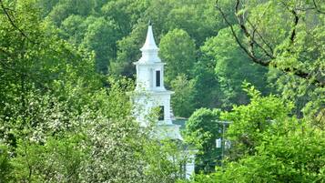 A white church with a steeple surrounded by lush green trees.
