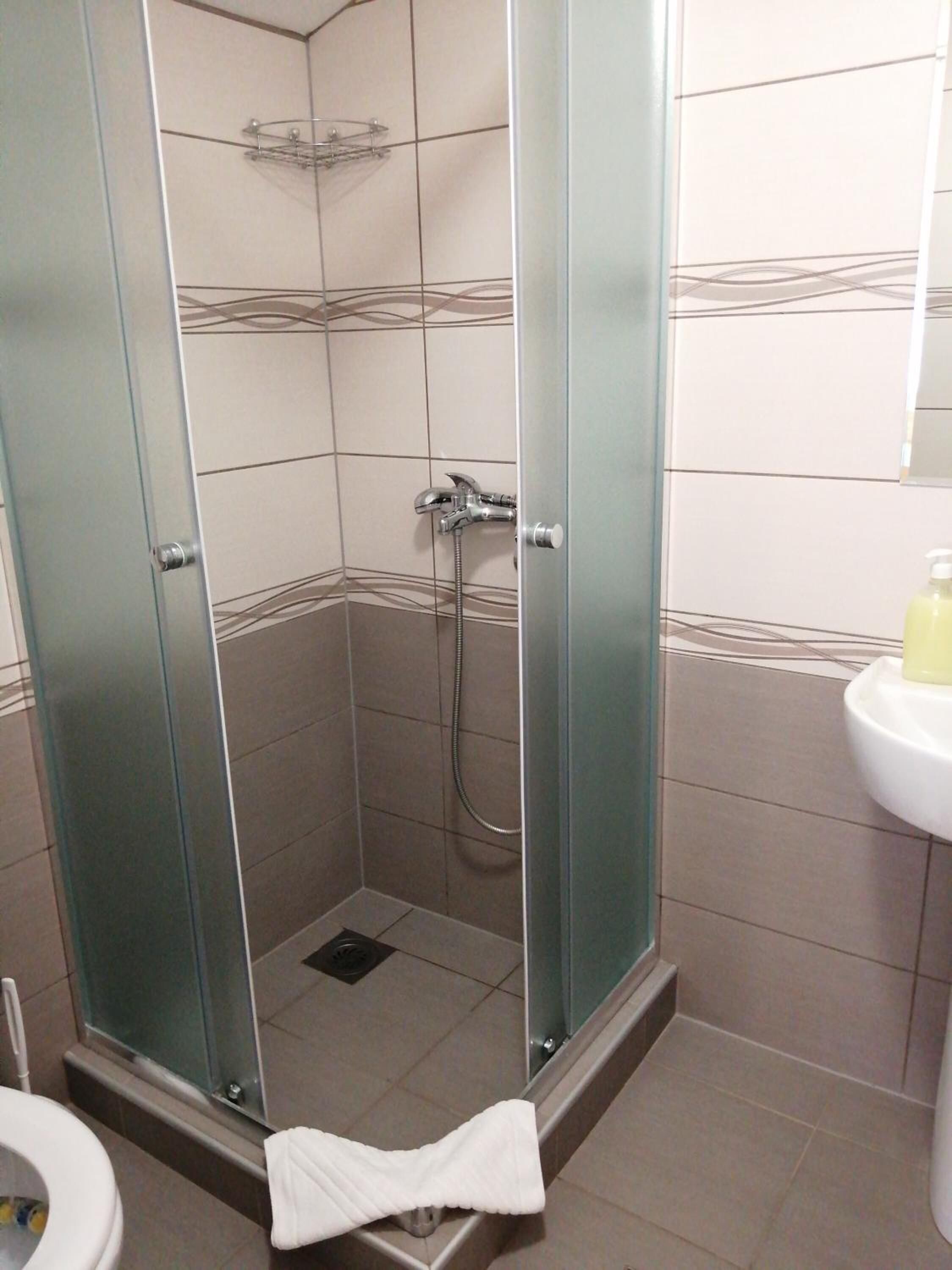 Suihkukaappi lasiovella, valkoinen pesuallas ja wc.