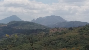 A mountainous landscape with dense greenery and hills in the foreground.