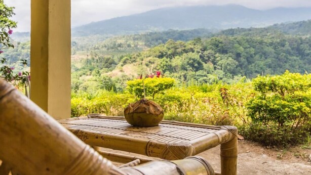 Une chaise en bambou avec un dossier tressé et une petite table surmontée d’un bol décoratif, offrant une vue sur un paysage verdoyant et luxuriant, avec des collines et un ciel nuageux.