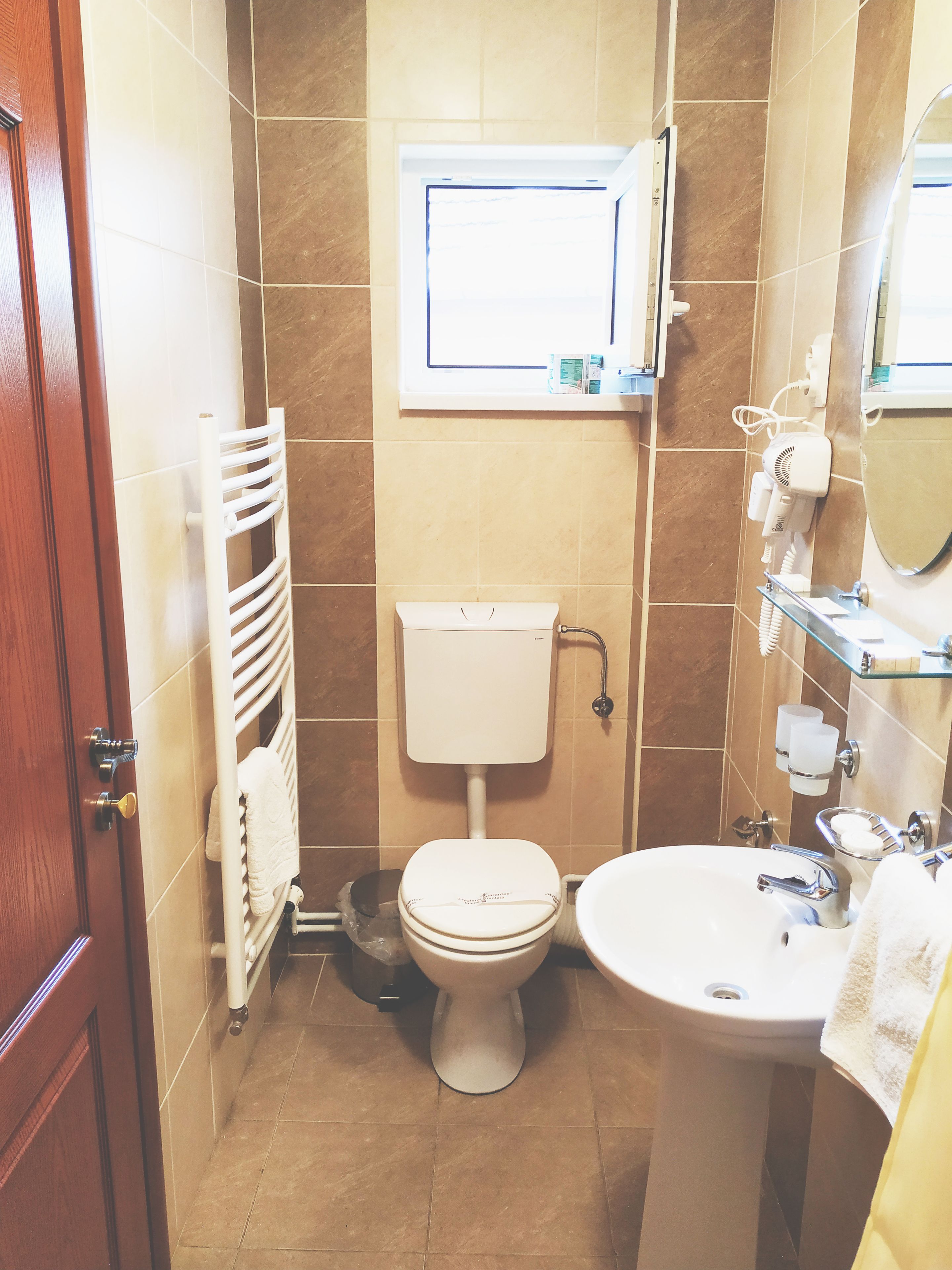 A bathroom with a toilet, sink, and towel rack.