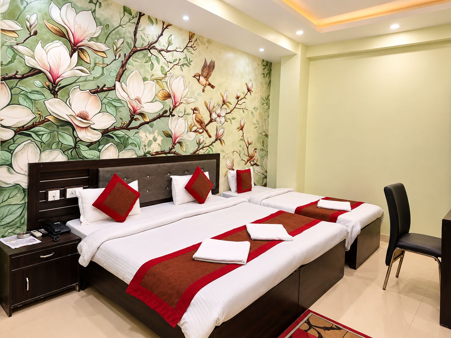 Ein Hotelzimmer mit einem großen Bett, zwei Nachttischen, einem Sessel und einer Wand mit floralem Wandbild.
