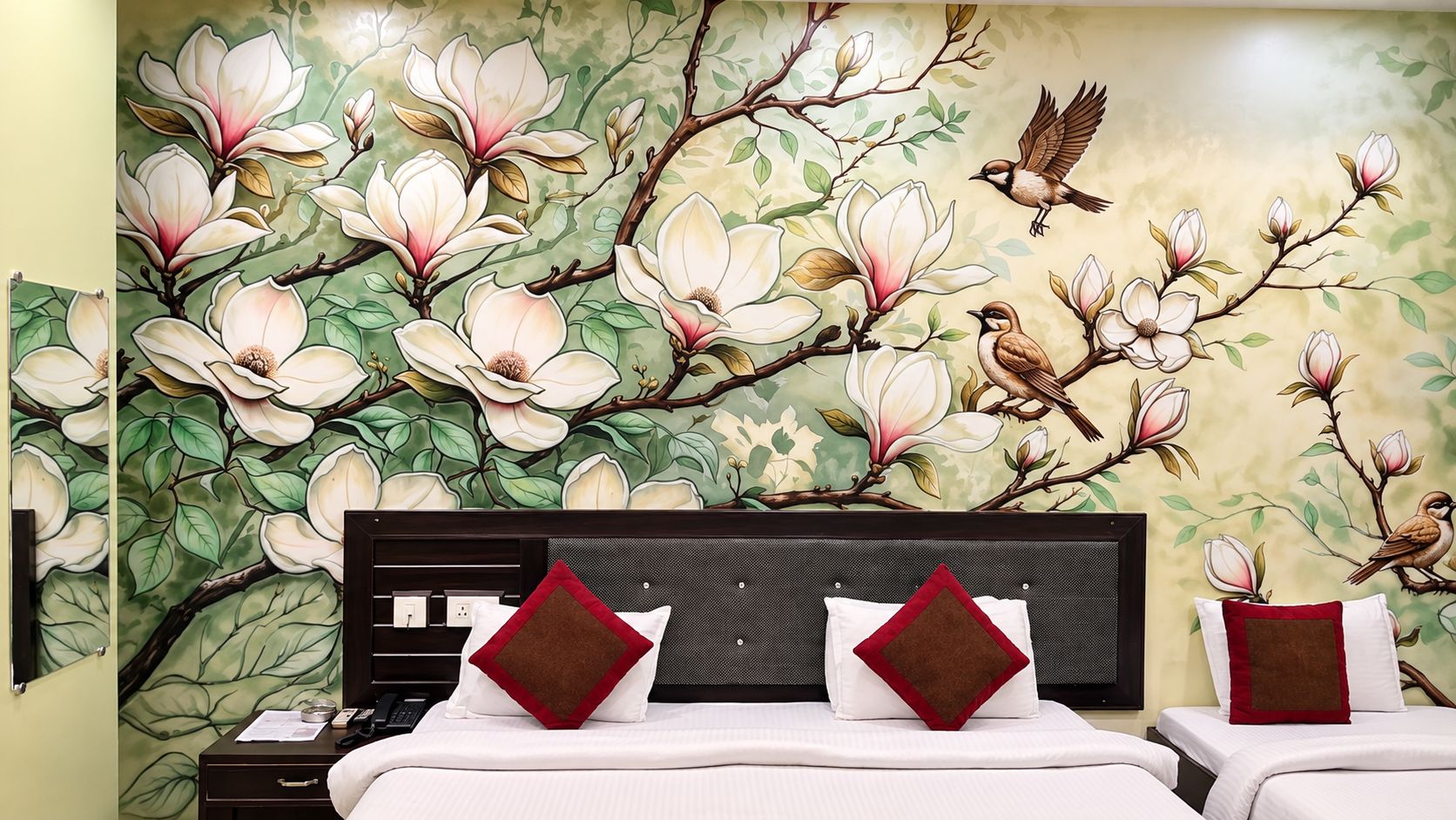 Habitació d'hotel amb un mural floral gran a la paret, un llit amb roba de llit blanca i coixins vermells, i un capçal de llit fosc.