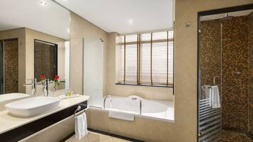 Shower, free toiletries, hair dryer, bathrobes