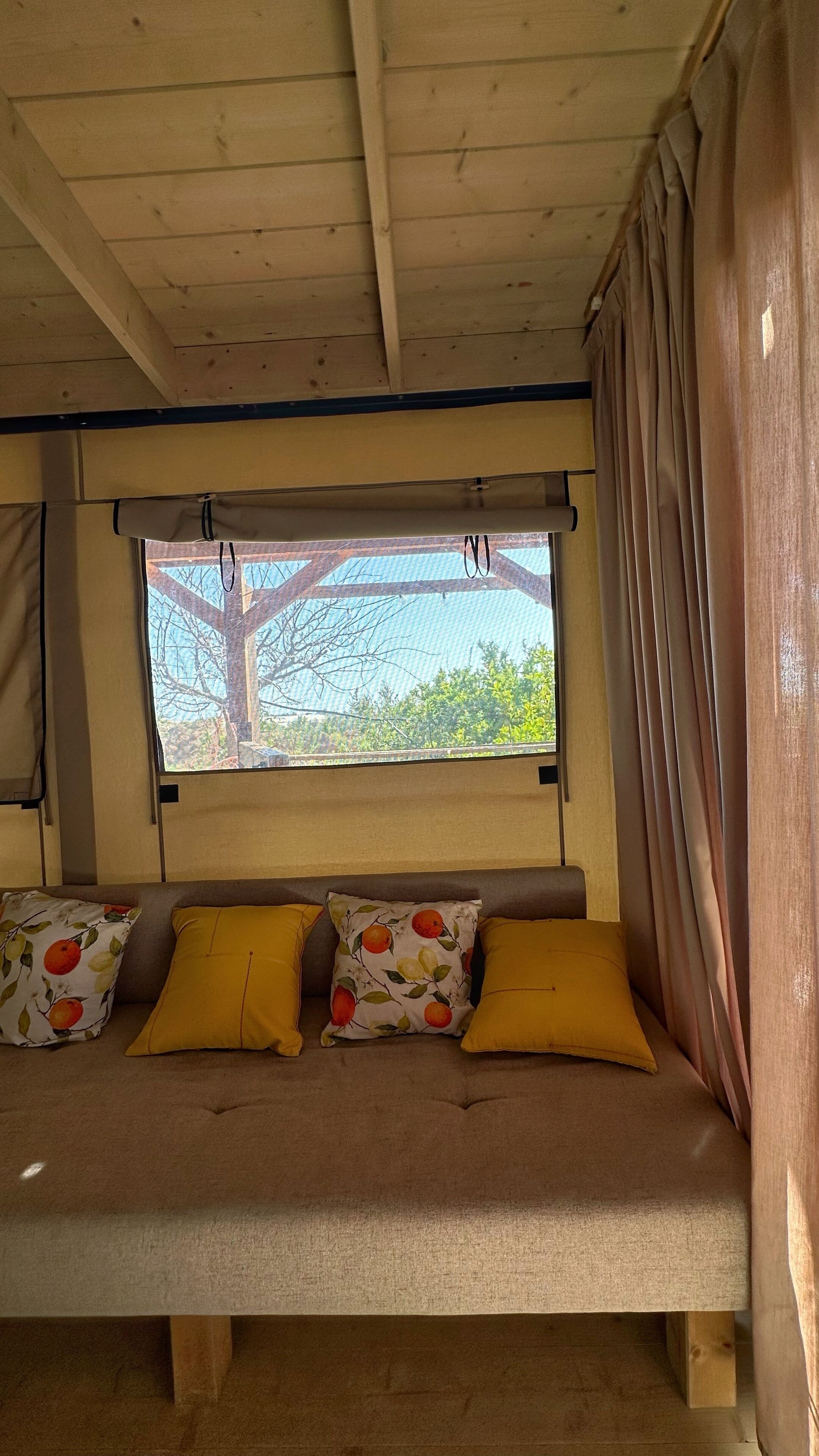 A wooden ceiling, a window with a view of trees, and a sofa with cushions.