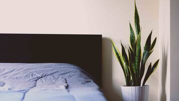 Una cama con cabecera oscura y una planta en maceta a su lado.
