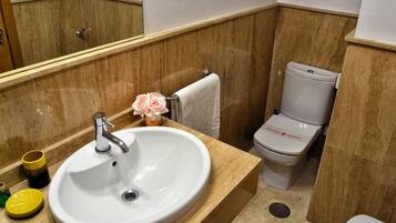 A bathroom with a white sink, a toilet, and a mirror.