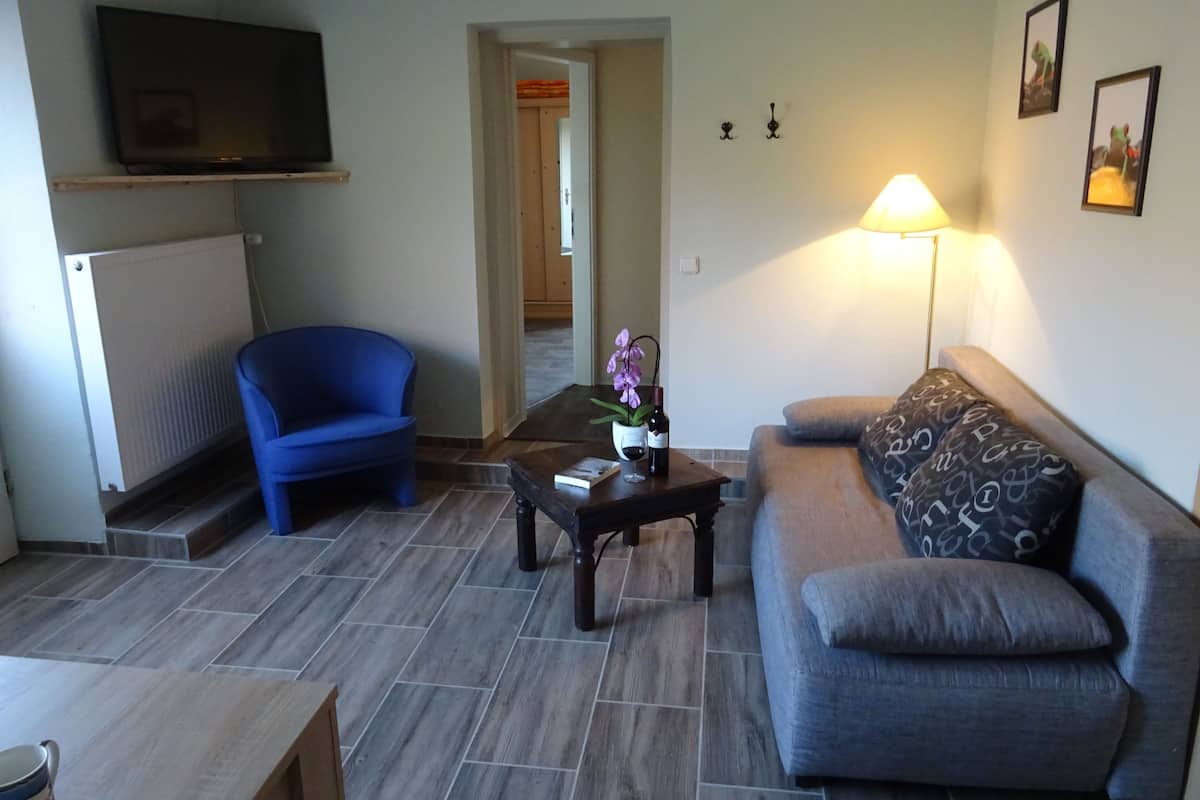Una sala de estar con un sillón azul, un sofá gris, una mesa de centro, un televisor en un estante y una lámpara.