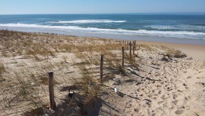 Una playa arenosa con una valla de madera y vegetación escasa.
