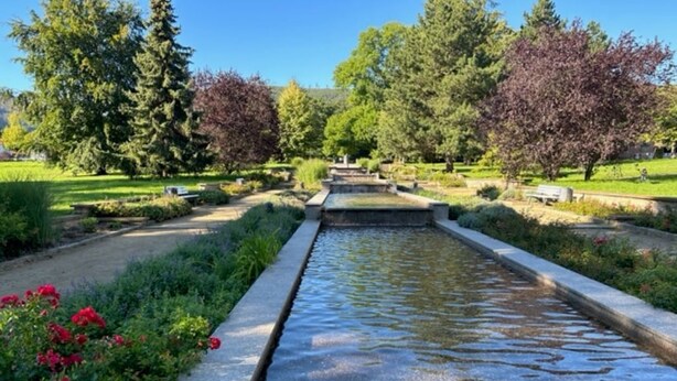 A garden with a narrow water channel, surrounded by greenery and trees.
