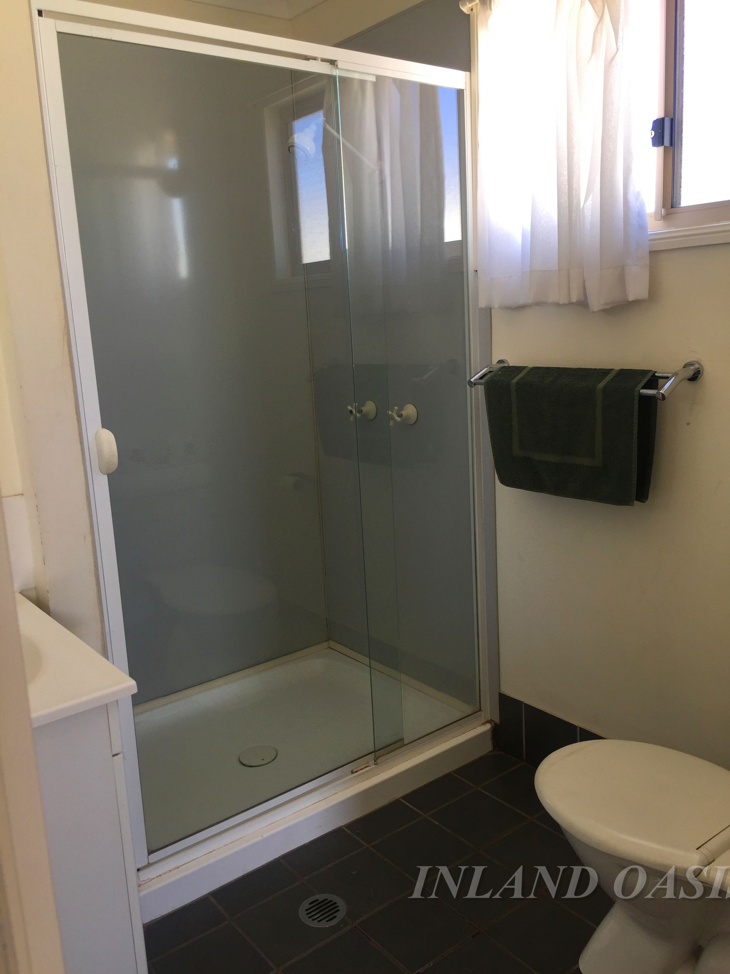 A bathroom with a glass-enclosed shower, a toilet, and a towel rack.