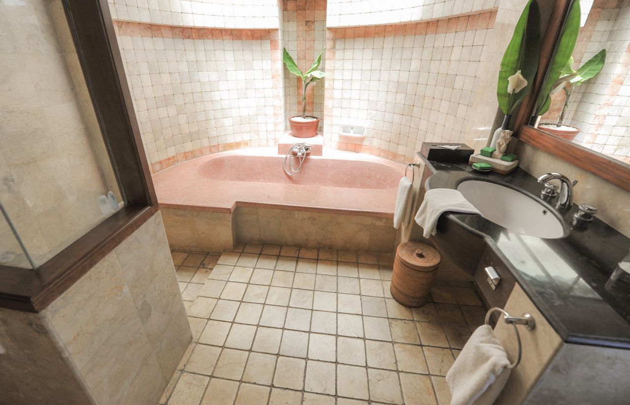 Une salle de bain avec une baignoire, un lavabo et un miroir. On y trouve des plantes en pot et un panier posé sur le sol.