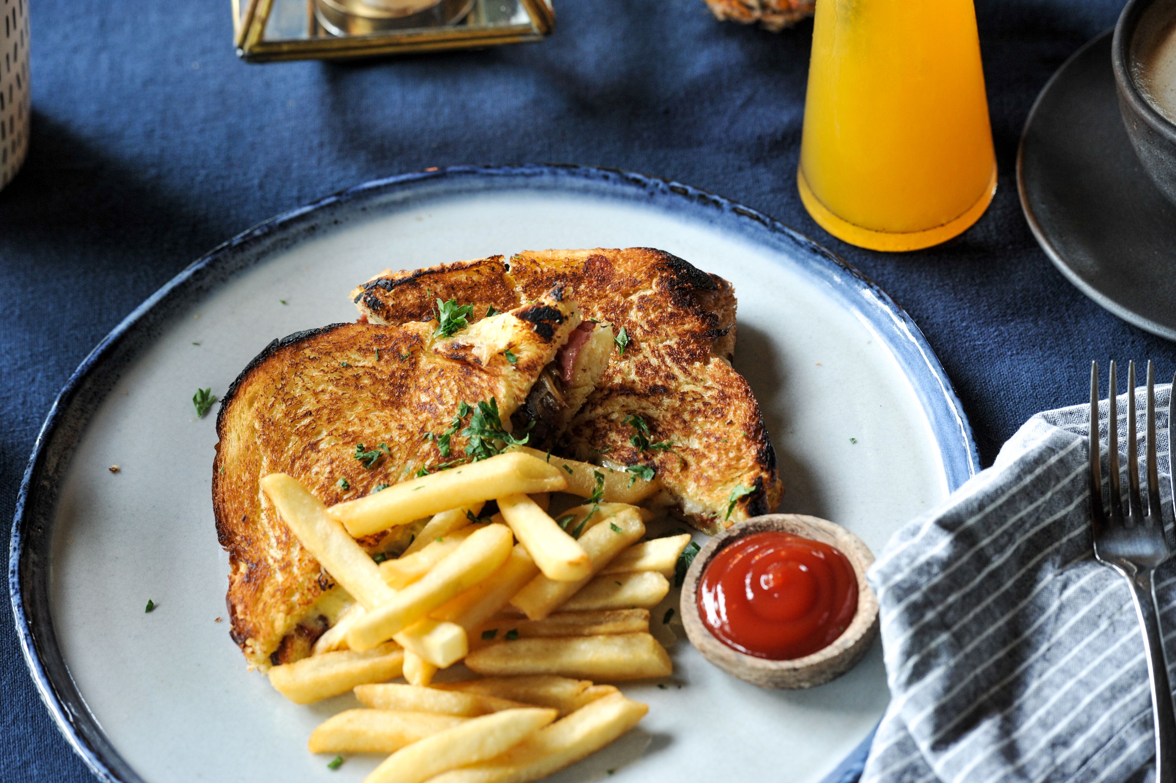 A plate with a grilled sandwich, French fries, and a small bowl of ketchup.
