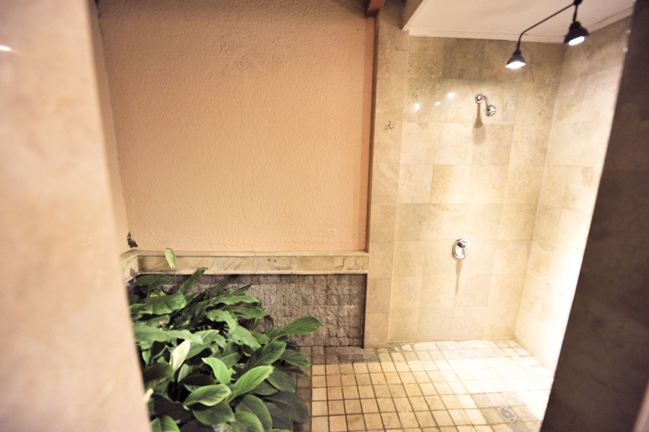 A small, tiled shower area with a stone wall and a potted plant.
