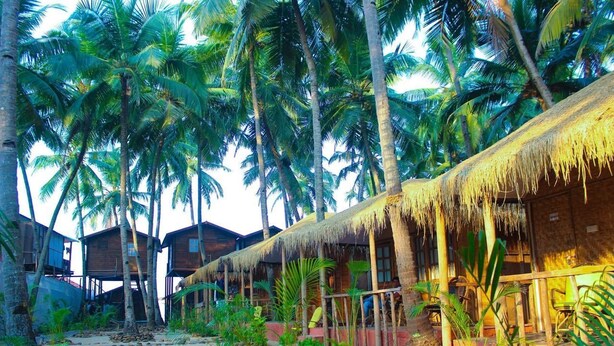 A resort with thatched-roof huts, palm trees, and a sandy courtyard. - Agonda Paradise (Canacona)