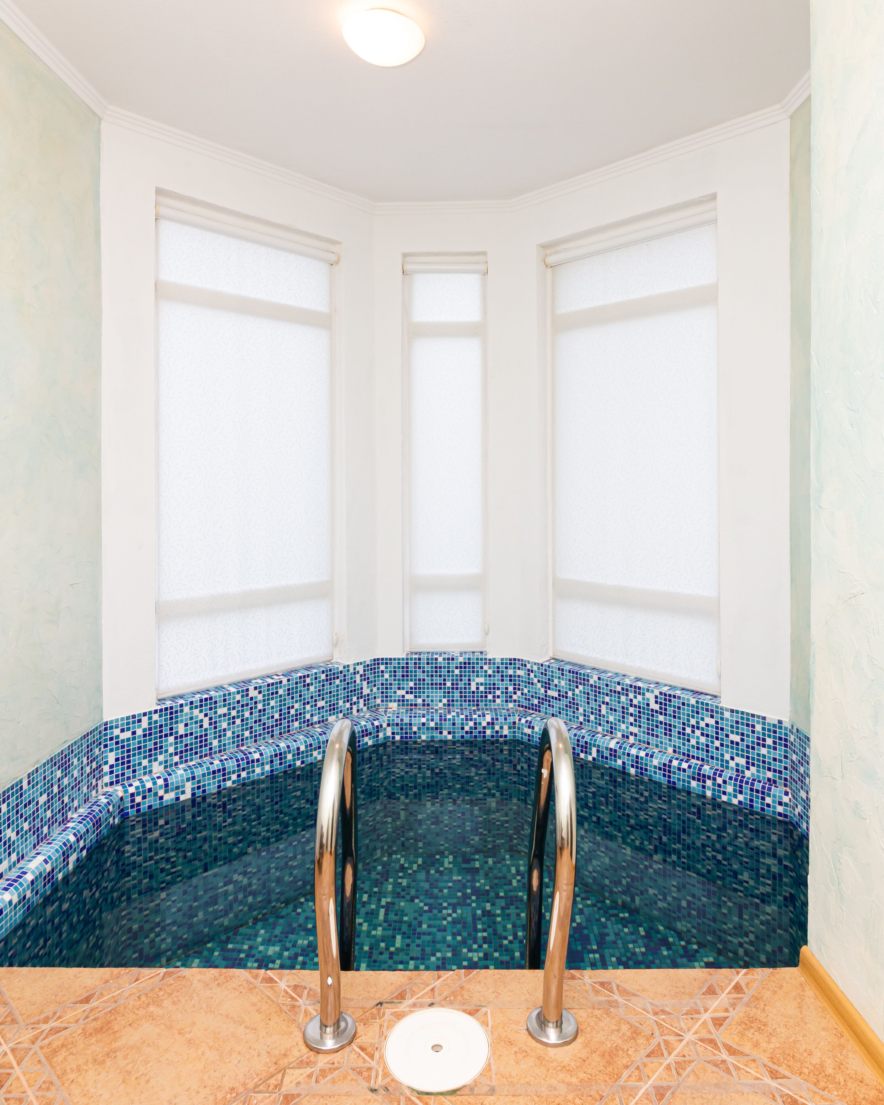 A corner jacuzzi with a tiled edge and metal handrails.