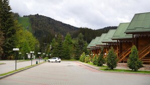 Une route asphaltée avec une voiture blanche garée sur le bord, entourée d’arbres verdoyants et avec une montagne en arrière-plan.
