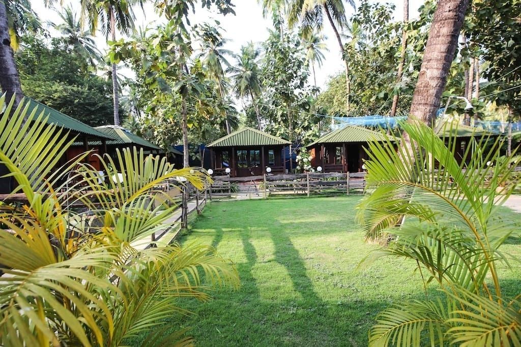 A tropical resort with palm trees, a grassy lawn, and wooden structures with green roofs.
