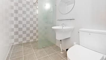 Un bany modern amb un sòl de rajoles de pissarra, un cubicle de dutxa de vidre, un lavabo blanc i un vàter.
