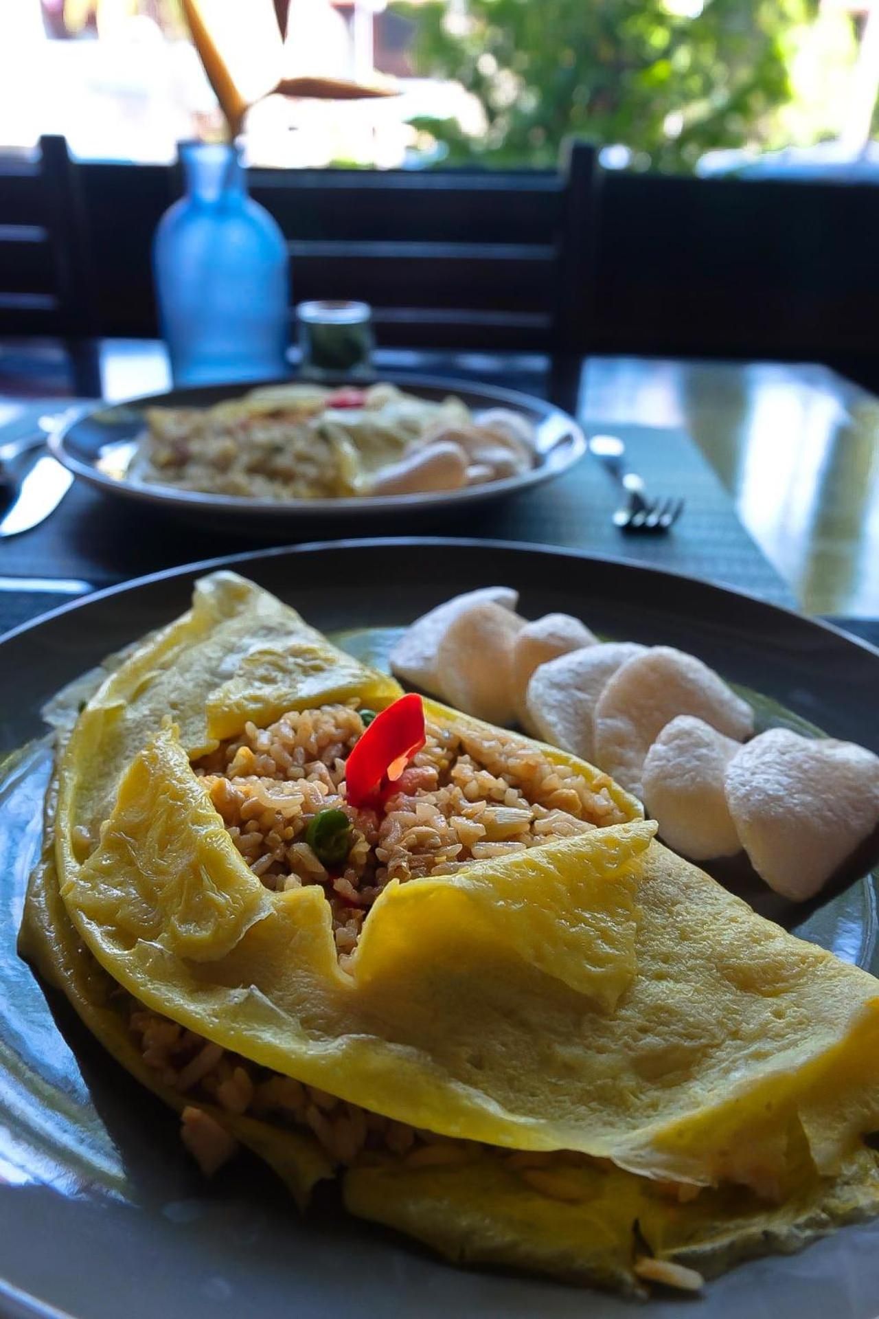 A plate with an omelette, rice, and dumplings.