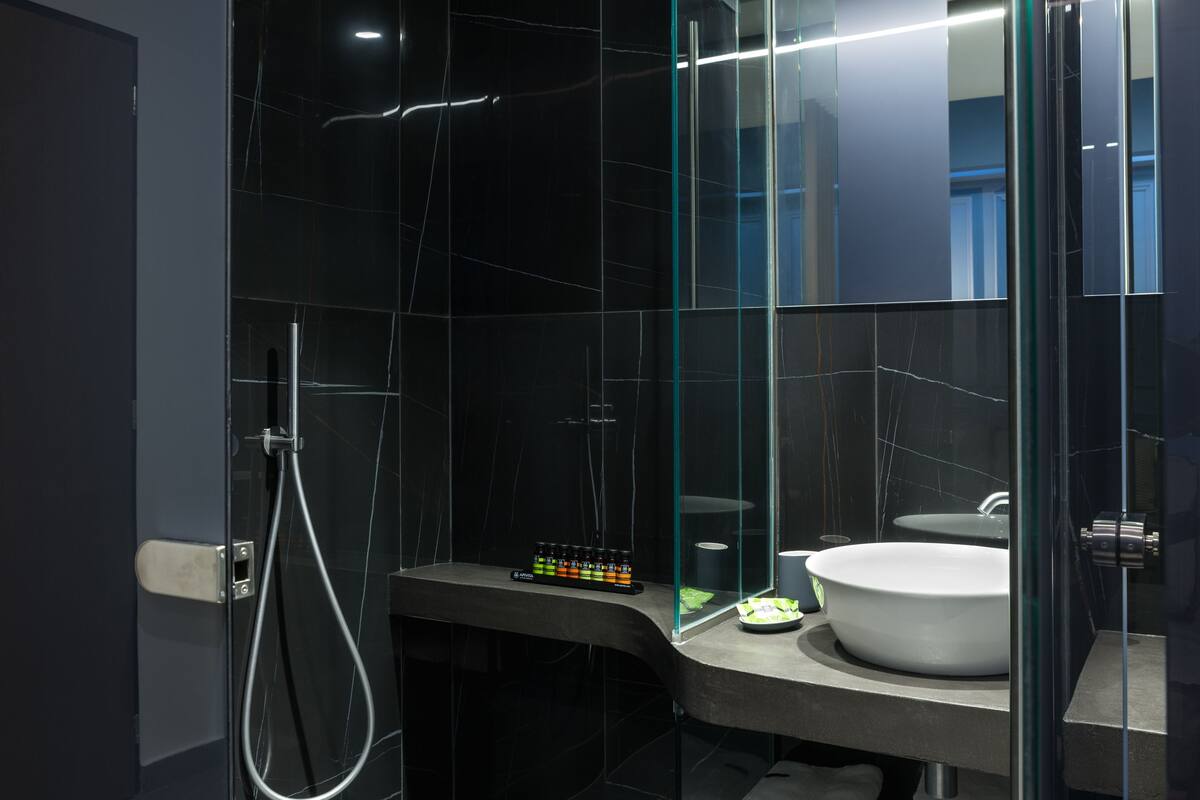 sir comfort suite | bathroom | shower, designer toiletries, hair dryer, bathrobes