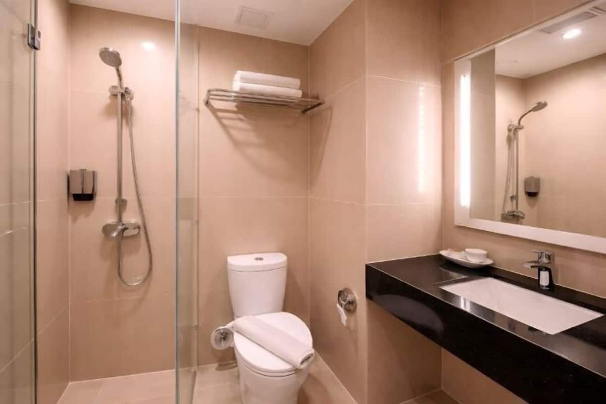 Dusche, Haartrockner, Hausschuhe, HandtĂŒcher