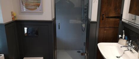A bathroom with a toilet, sink, and shower.