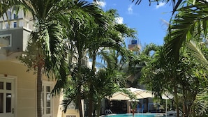 Zona de piscina con vista despejada, rodeada de palmeras y un sendero que lleva a la piscina.