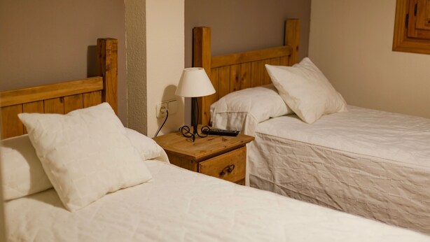 Two single beds with wooden headboards, white bedding, and a bedside table with a lamp and remote control. - Hotel La Gerencia (Checa)