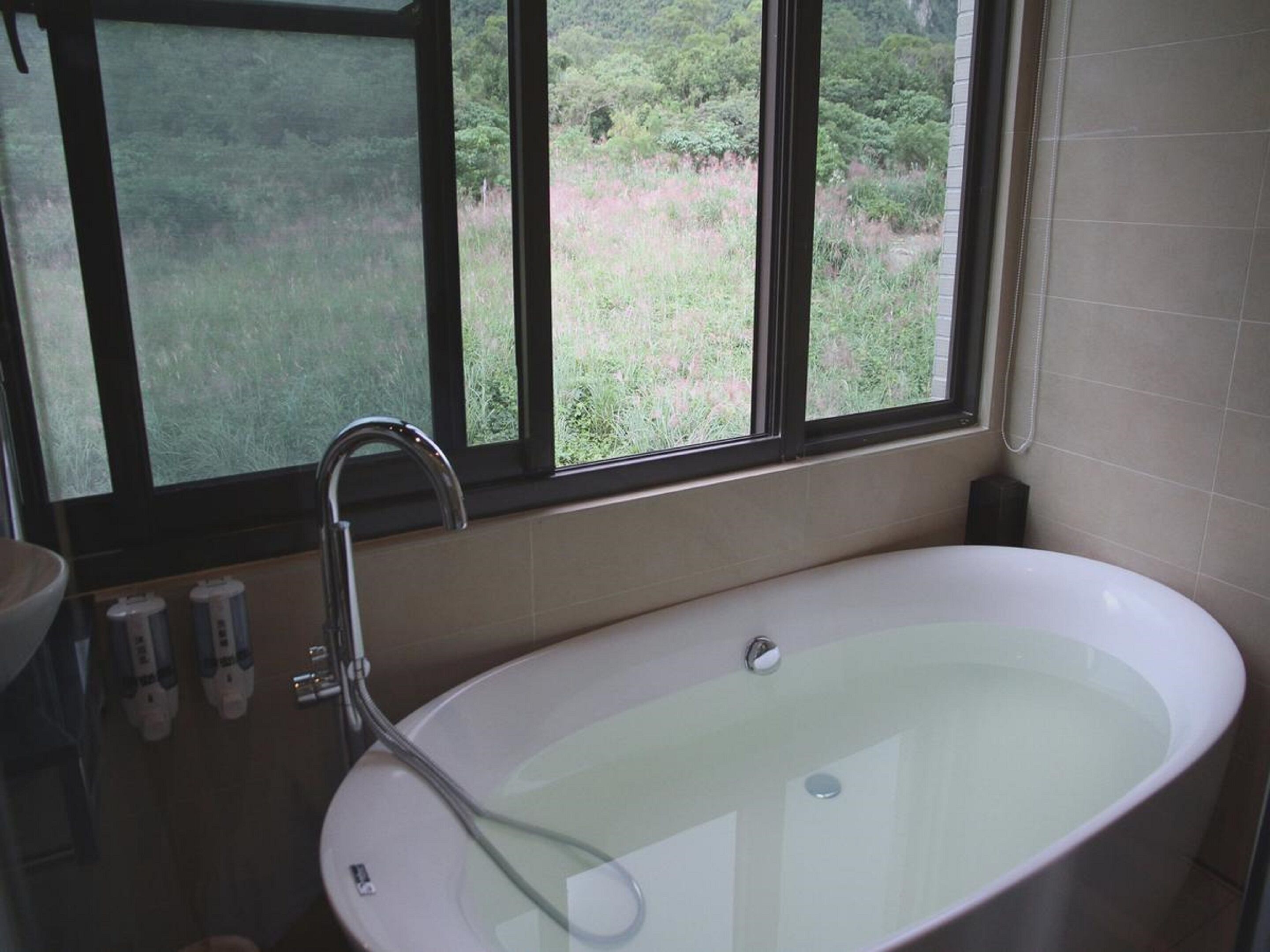 A bathroom with a bathtub, a window with a view of greenery, and a sink with soap dispensers.