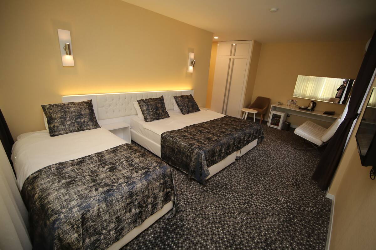 Une chambre d’hôtel avec deux lits, un bureau, une chaise et un téléviseur.
